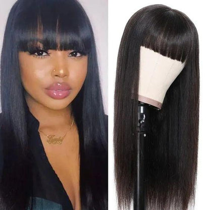 100% Human Hair Machine Made Brazilian Natural Black Straight Wig With Bangs
