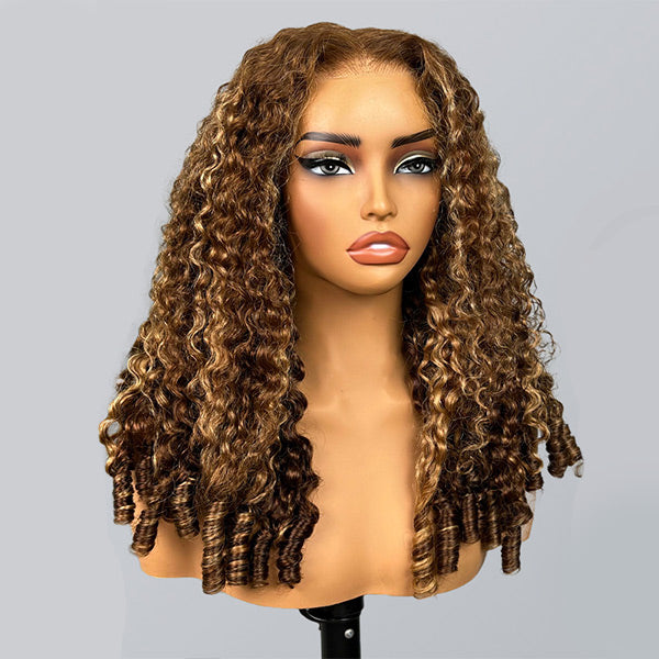 Burmese Curly Glueless Wig 4/27 Highlight Color Pre Cut 9x6 Lace Elastic Drawstring Wear Go Wig