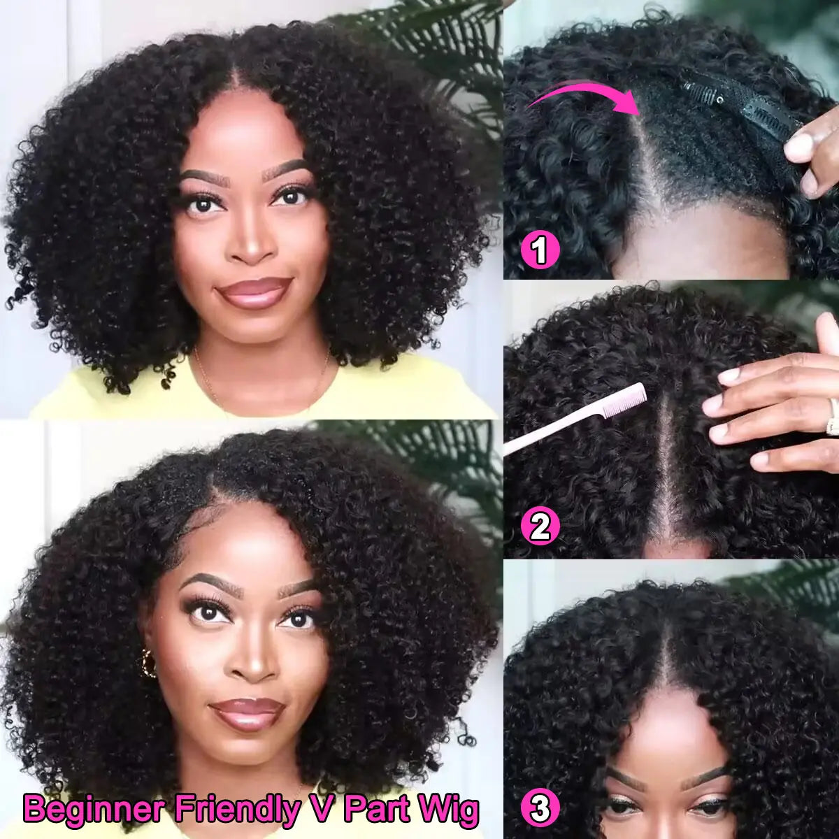✨ Afro Curly V Part Wig  180%-250% Density 💕 No Leave Out Human Hair 💇🏽‍♀️ Glueless Wig  Beginner Friendly 👑