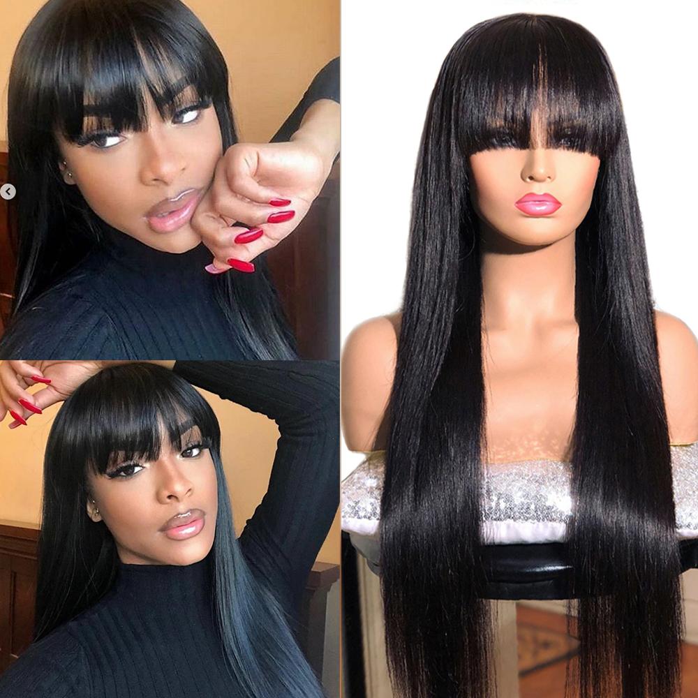 100% Human Hair Machine Made Brazilian Natural Black Straight Wig With Bangs