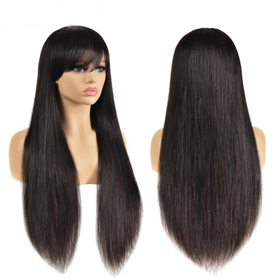 100% Human Hair Machine Made Brazilian Natural Black Straight Wig With Bangs