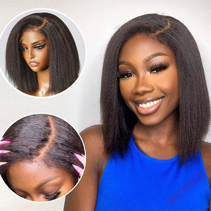 New Glueless Yaki Kinky Straight 200% Density Black Wig